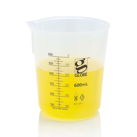 Globe Scientific 600mL Beaker, Diamond Essentials, Griffin Style, Low Form, Printed Graduations, PP, 4PK 3650-600